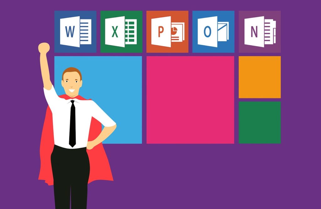 A man with a cap stands in front of the set of icons from Microsoft Office smiling and doing the Superman pose.